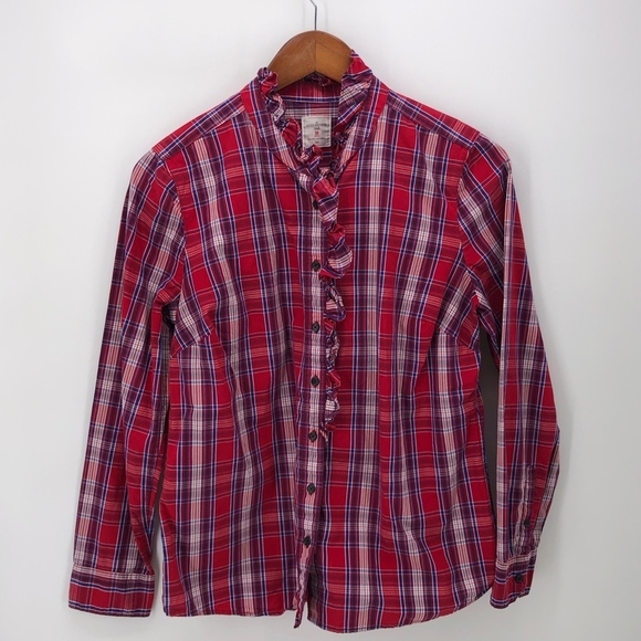 Gap Fitted Boyfriend Red Plaid Shirt Ruffle MP - Picture 2 of 7